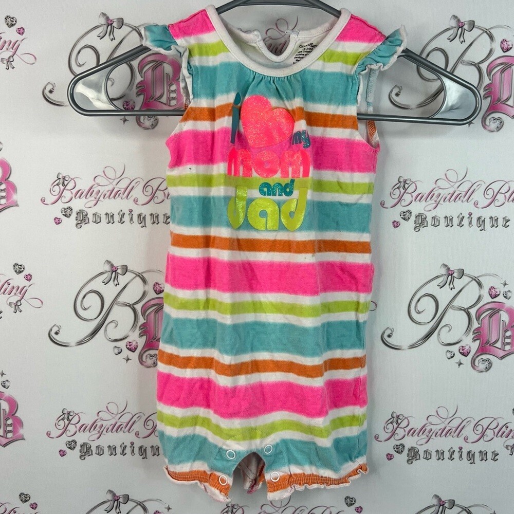 George onesie jumpsuit neon sparkly heart I love mom and dad Striped Baby Romper